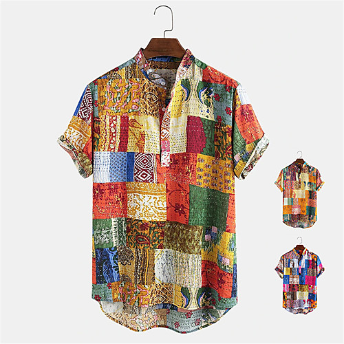 

Men's Shirt Other Prints Lattice Button-Down Print Short Sleeve Daily Tops Ethnic Style Casual Blue Red Orange