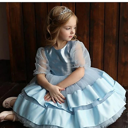 

Princess Knee Length Flower Girl Dresses Party Satin Half Sleeve Jewel Neck with Bow(s)