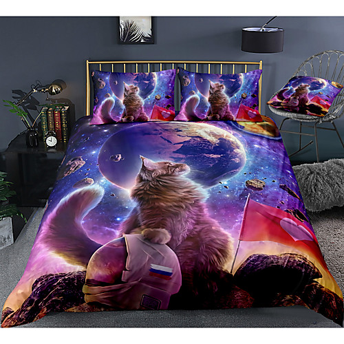 

Space Cat Print 3-Piece Duvet Cover Set Hotel Bedding Sets Comforter Cover with Soft Lightweight Microfiber, Include 1 Duvet Cover, 2 Pillowcases for Double/Queen/King(1 Pillowcase for Twin/Single)