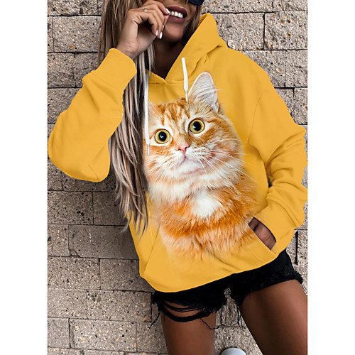 

Women's Hoodie Pullover Cat Graphic 3D Front Pocket Print Daily 3D Print Basic Casual Hoodies Sweatshirts Yellow