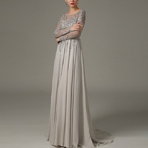 

A-Line Beautiful Back Sparkle Engagement Formal Evening Dress Illusion Neck Long Sleeve Sweep / Brush Train Chiffon with Sash / Ribbon Crystals 2021