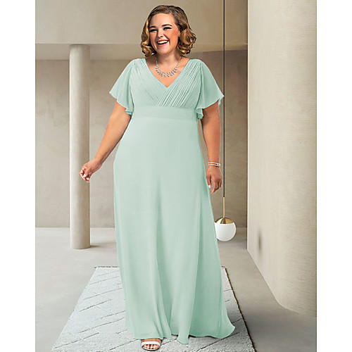 

A-Line Mother of the Bride Dress Plus Size Elegant V Neck Floor Length Chiffon Short Sleeve with Sash / Ribbon Ruching 2021