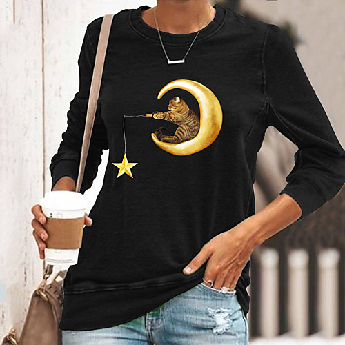 

Women's T shirt Cat Graphic Long Sleeve Print Round Neck Tops Basic Basic Top Black