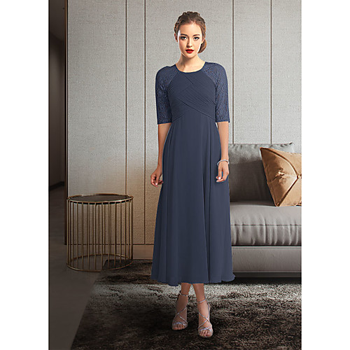 

A-Line Mother of the Bride Dress Elegant Jewel Neck Tea Length Chiffon Lace Half Sleeve with Pleats Ruching 2021