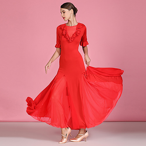 

Ballroom Dance Dress Pleats Ruffles Split Joint Women's Training Performance Short Sleeve Natural Tulle Milk Fiber