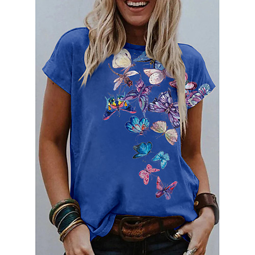 

Women's Going out Butterfly T shirt Graphic Butterfly Print Round Neck Basic Tops White Black Blushing Pink