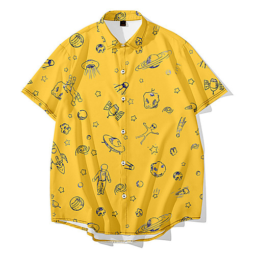 

Men's Shirt 3D Print Astronaut 3D Print Button-Down Short Sleeve Daily Tops Casual Fashion Hawaiian Blue Yellow Blushing Pink / Summer / Beach