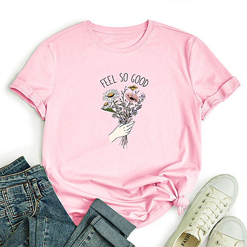 

Women's T shirt Plants Graphic Flower Print Round Neck Tops 100% Cotton Basic Basic Top White Black Blue