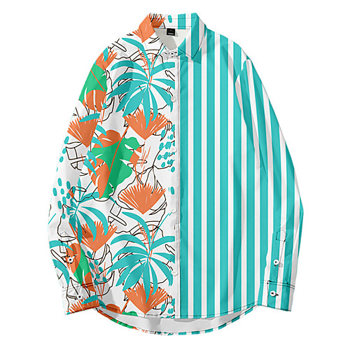 

Men's Shirt 3D Print Striped Plants Button-Down 3D Print Long Sleeve Daily Tops Casual Fashion Hawaiian Blue Green