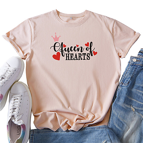 

Women's T shirt Graphic Heart Letter Print Round Neck Tops 100% Cotton Basic Basic Top White Blue Red