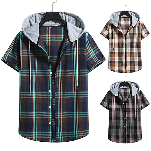 

Men's Shirt non-printing Lattice Color Block Plus Size Drawstring Short Sleeve Daily Tops Vintage Streetwear Green Gray Coffee