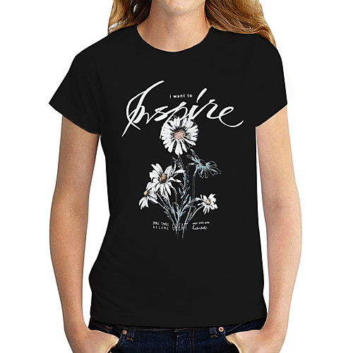 

Women's Going out Floral Theme Daisy T shirt Graphic Text Daisy Print Round Neck Basic Tops Black