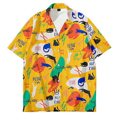 

Men's Shirt Other Prints Cat Animal Button-Down Print Short Sleeve Daily Tops Casual Fashion Yellow Rainbow White / Summer / Beach