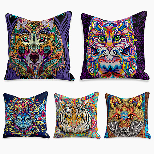 

5 pcs Linen Pillow Cover, Animal Simple Casual Square Polyester Traditional Classic