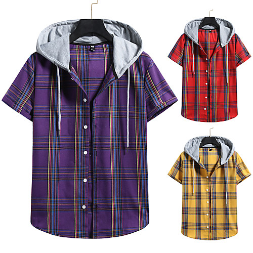 

Men's Shirt non-printing Lattice Color Block Plus Size Drawstring Short Sleeve Daily Tops Vintage Streetwear Hooded Purple Yellow Red