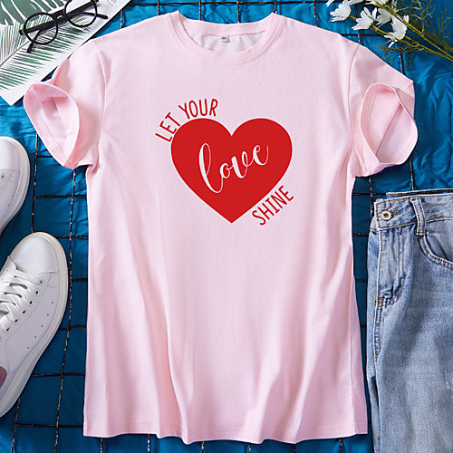 

Women's T shirt Graphic Heart Print Round Neck Tops 100% Cotton Basic Basic Top White Black Blue