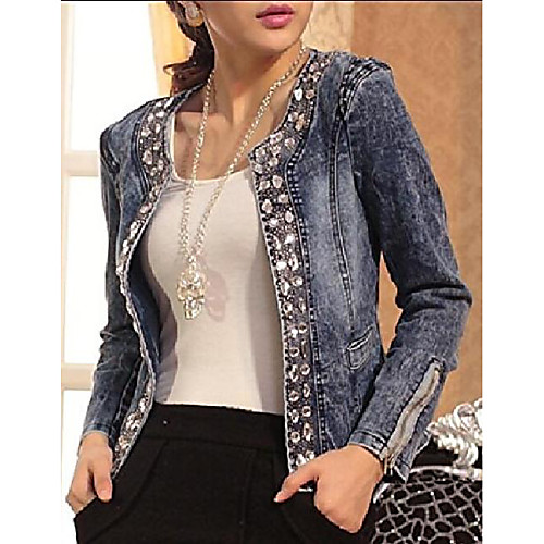 

Women's Jacket Solid Color Denim Denim Fall Jacket V Neck Regular Causal Long Sleeve 416 Photo Color / Spring / Work / Cotton