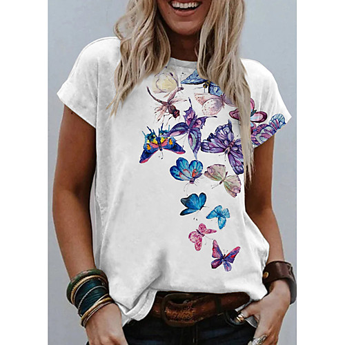 

Women's Going out Butterfly T shirt Graphic Butterfly Print Round Neck Basic Tops White Black Blue