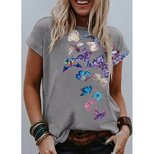 

Women's Going out Butterfly Painting T shirt Graphic Butterfly Print Round Neck Basic Tops White Black Blue