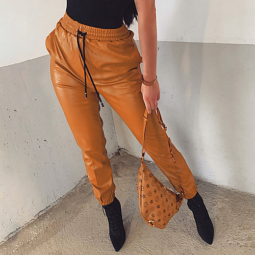 

Women's Stylish Streetwear Comfort Party Going out Pants Pants Plain Full Length Drawstring Black Light Brown
