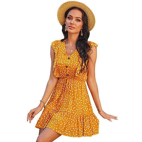 

Women's Sundress Short Mini Dress Blue Yellow Sleeveless Polka Dot Color Block Ruffle Print Summer V Neck Casual Going out 2021 S M L XL / Cotton / Cotton