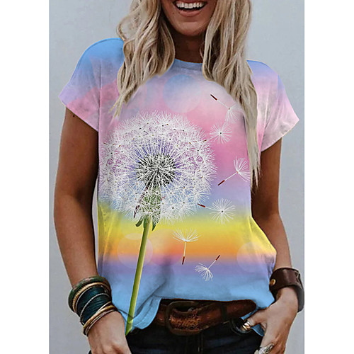 

Women's Going out Painting T shirt Graphic Scenery Dandelion Print Round Neck Basic Tops Light Blue