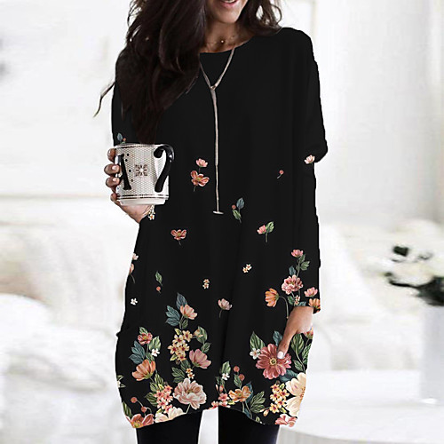 

Women's T Shirt Dress Tee Dress Short Mini Dress Blue Black Long Sleeve Print Color Block Animal Print Fall Spring Round Neck Casual Holiday 2021 S M L XL XXL 3XL