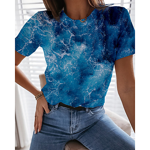 

Women's Holiday Abstract Painting T shirt Graphic Scenery Print Round Neck Basic Beach Tops Blue