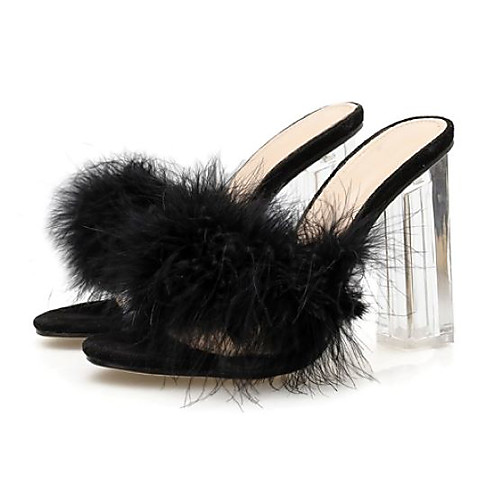 

Women's Heels Chunky Heel Pointed Toe Sexy Party & Evening Walking Shoes PU Feather Solid Colored Black Fuchsia