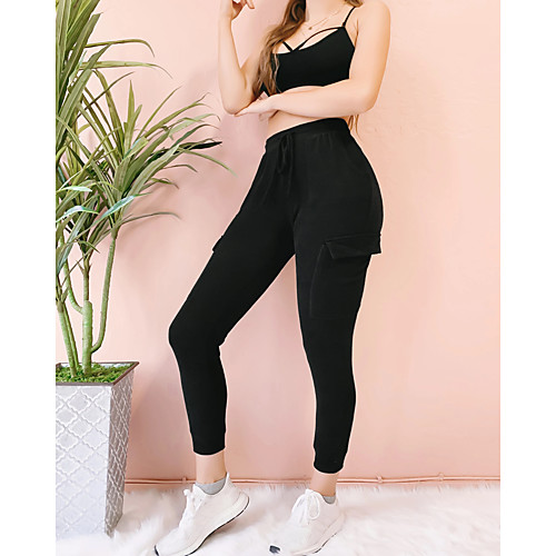 

Women's Stylish Streetwear Comfort Daily Gym Chinos Pants Plain Ankle-Length Elastic Waist ArmyGreen Black
