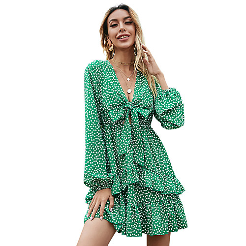 

Women's Sundress Short Mini Dress Green Long Sleeve Polka Dot Print Layered Ruffle Summer V Neck Casual Going out 2021 S M L XL