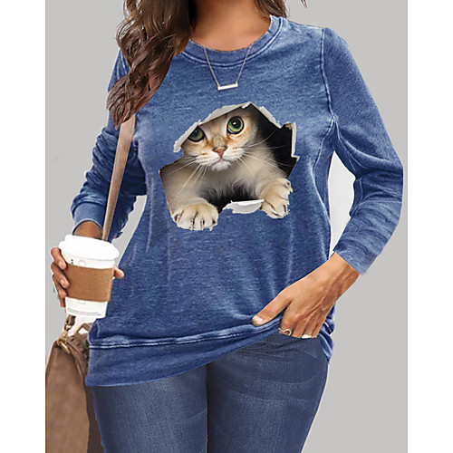 

Women's Plus Size Tops T shirt Cat Graphic 3D Cartoon Print Long Sleeve Round Neck Blue Yellow Big Size XL XXL 3XL 4XL 5XL