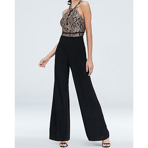 

Jumpsuits Elegant Formal Evening Dress Halter Neck Half Sleeve Floor Length Chiffon Lace with Appliques 2021