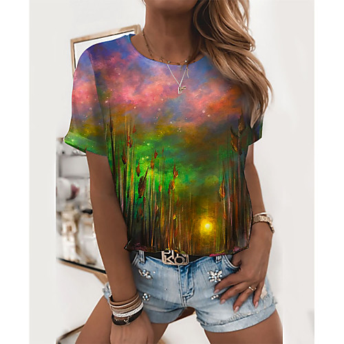 

Women's Painting T shirt Graphic Scenery Print Round Neck Basic Tops Green