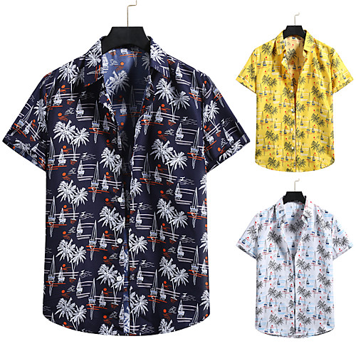 

Men's Shirt 3D Print Graphic Prints Print Short Sleeve Vacation Tops Button Down Collar Yellow White Navy Blue / Beach