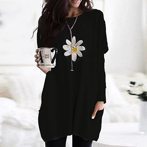 

Women's T Shirt Dress Tee Dress Short Mini Dress Yellow Black Beige Long Sleeve Floral Print Color Block Print Fall Spring Round Neck Casual Holiday 2021 S M L XL XXL 3XL