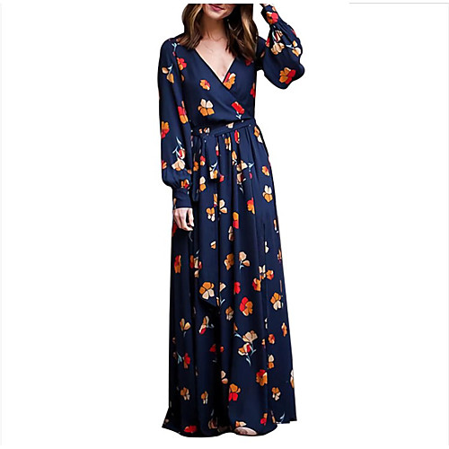 

Women's Chiffon Dress Maxi long Dress Royal Blue Long Sleeve Floral Split Print Spring V Neck Casual Linen S M L XL XXL 3XL