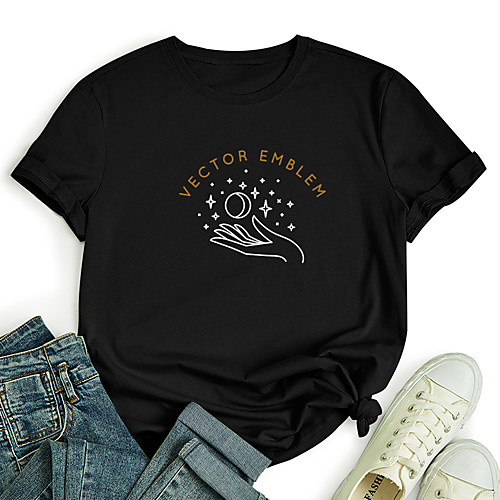 

Women's T shirt Graphic Letter Print Round Neck Tops 100% Cotton Basic Basic Top Black Blue Red