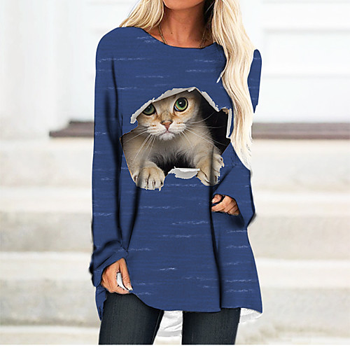 

Women's T Shirt Dress Tee Dress Short Mini Dress Long Sleeve Cat Color Block 3D Print Fall Spring Casual 2021 Black Blue Yellow Green Gray S M L XL XXL 3XL