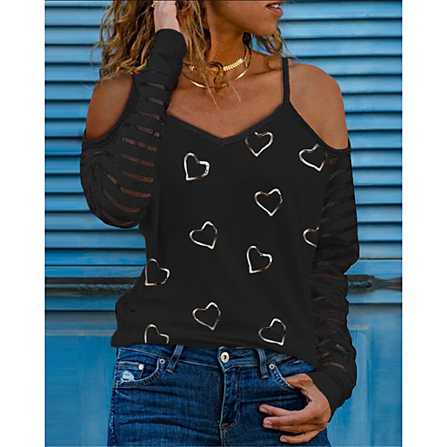

Women's T shirt Heart Long Sleeve Print V Neck Tops Basic Sexy Basic Top Black