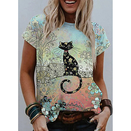 

Women's T shirt Cat Graphic Print Round Neck Tops Basic Basic Top Light Green