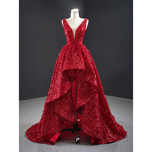 

Ball Gown Luxurious Sexy Engagement Prom Dress V Neck Sleeveless Court Train Sequined with Sequin 2021