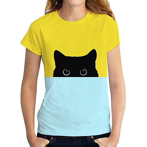 

Women's 3D Cat T shirt Cat Graphic 3D Print Round Neck Basic Tops Yellow