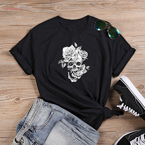 

Women's T shirt Floral Skull Letter Print Round Neck Tops 100% Cotton Basic Basic Top White Black Peach
