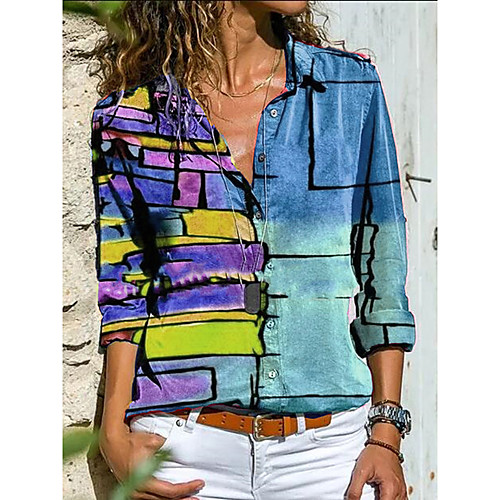 

Women's Blouse Shirt Color Gradient Color Block Long Sleeve Patchwork Print Shirt Collar Streetwear Tops Blue Red Yellow