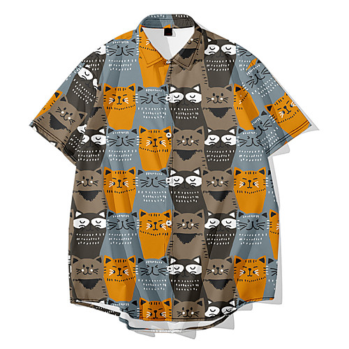 

Men's Shirt 3D Print Cat Animal 3D Print Button-Down Short Sleeve Daily Tops Casual Fashion Hawaiian Yellow Orange White / Summer / Beach