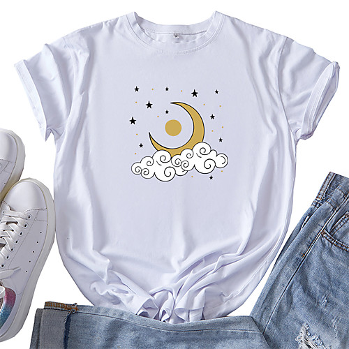 

Women's T shirt Graphic Print Round Neck Tops 100% Cotton Basic Basic Top White Black Blue