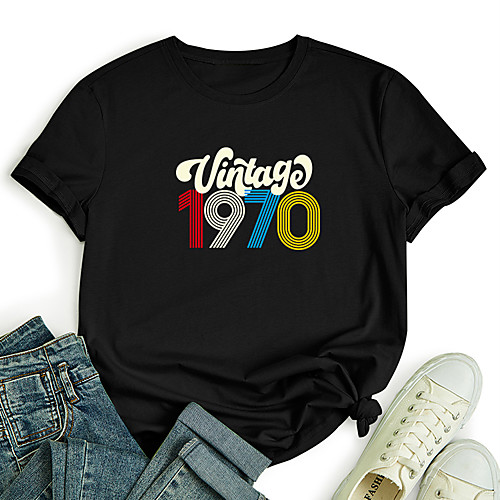 

Women's T shirt Graphic Text Letter Print Round Neck Tops 100% Cotton Basic Basic Top White Black Blue