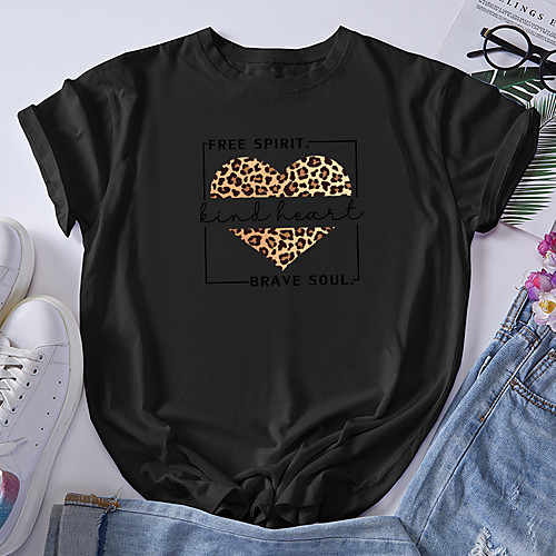 

Women's T shirt Graphic Heart Leopard Print Round Neck Tops 100% Cotton Basic Basic Top White Black Blue