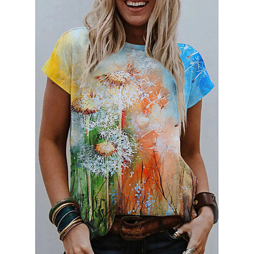 

Women's Painting T shirt Graphic Dandelion Print Round Neck Basic Tops Rainbow